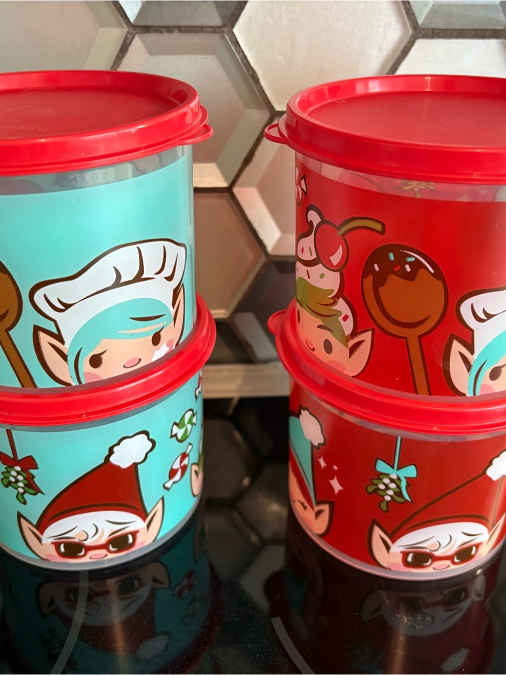 Set of 4 Tupperware Holiday Elf Stackable Treat Containers with Red Lids